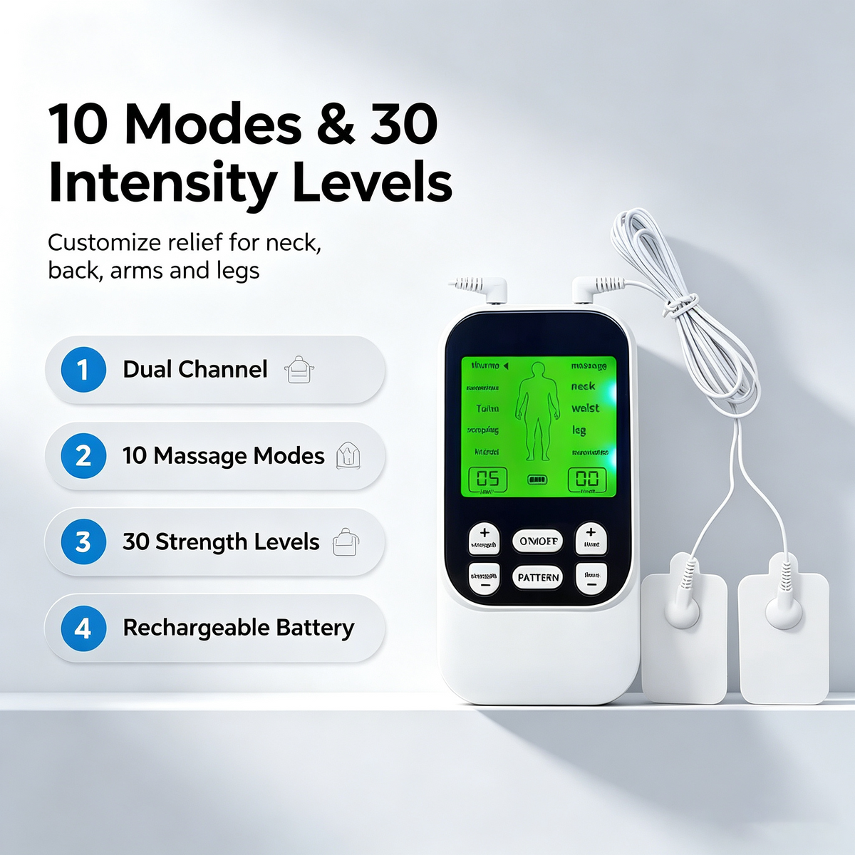 🙆‍♂️💪Rechargeable Muscle Stimulator Massager, 10 Modes 30 Intensity Levels TENS Unit with 10 Pads