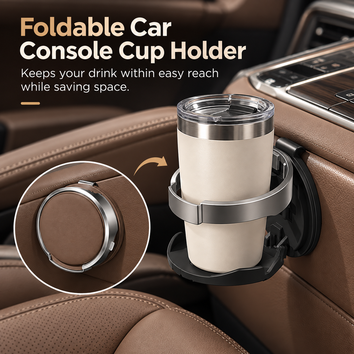 🚗 Universal Foldable Car Cup Holder with Hook – Space-Saving Drink Organizer for Bottles, Coffee Cups & Tumblers ✨
