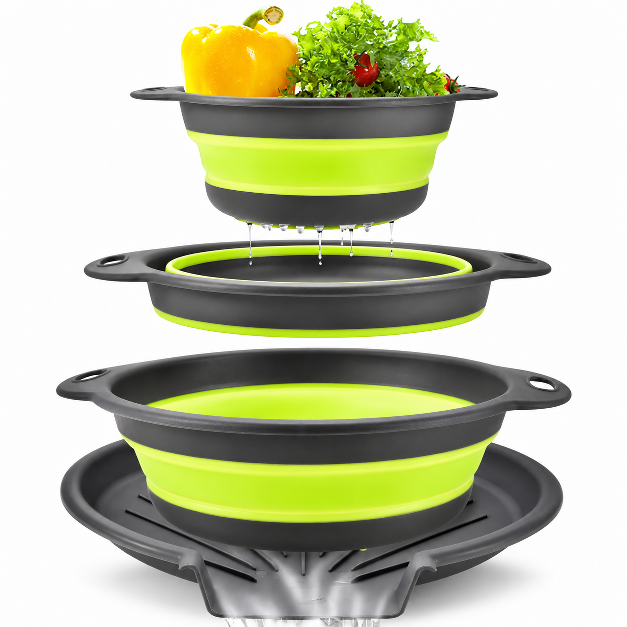 🥗 3-Piece Collapsible Colander Set – With Self-Draining Base Tray ✨