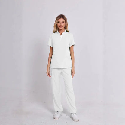 Unisex Surgical Scrubs Set with Stand Collar Zipper Top and Straight Leg Pants