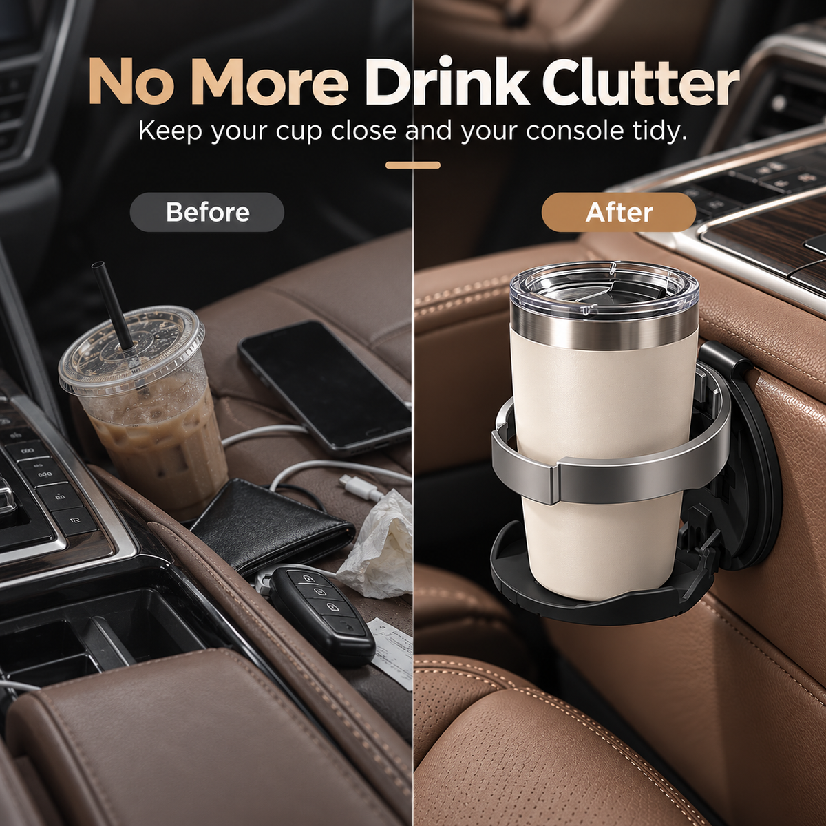 🚗 Universal Foldable Car Cup Holder with Hook – Space-Saving Drink Organizer for Bottles, Coffee Cups & Tumblers ✨