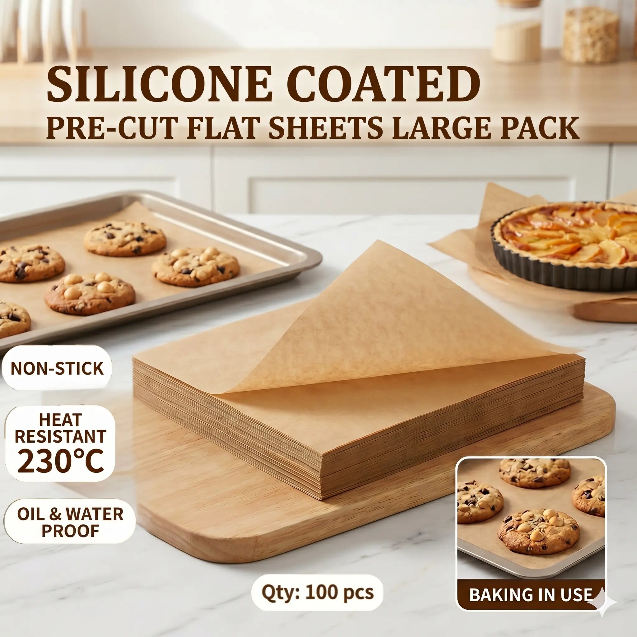 Stack of 100 pre-cut silicone-coated parchment baking sheets