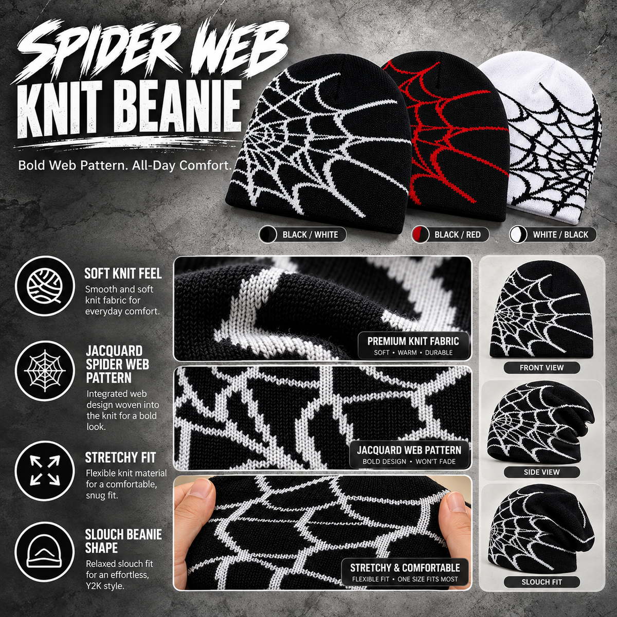 Spider-web beanie with close-ups of the knit pattern and stretch