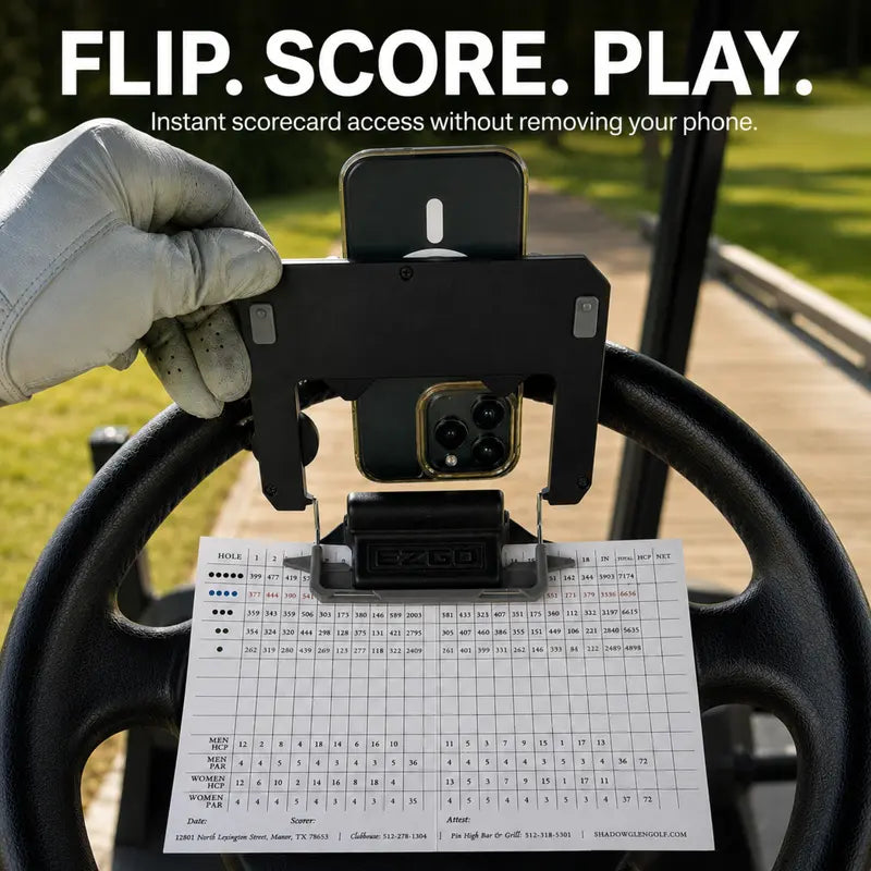 Golf phone holder flipped upward for access to the scorecard underneath