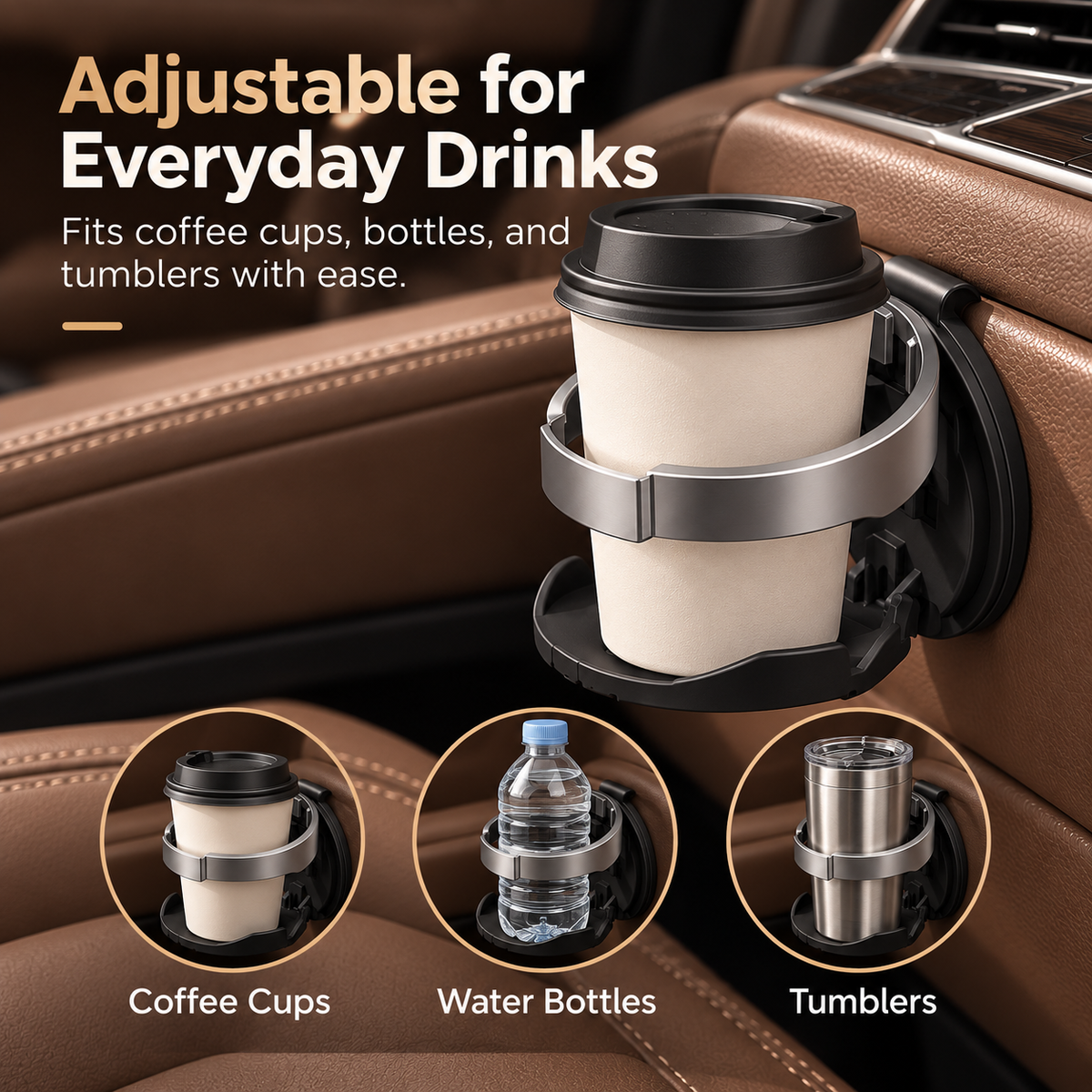 🚗 Universal Foldable Car Cup Holder with Hook – Space-Saving Drink Organizer for Bottles, Coffee Cups & Tumblers ✨