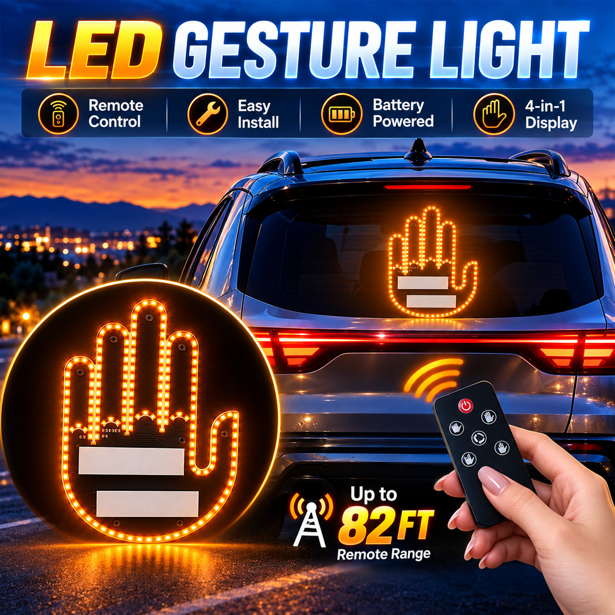 LED Gesture Lighting - Luminous 4-in-1 Decorative Car Sign Finger Light with Remote Control
