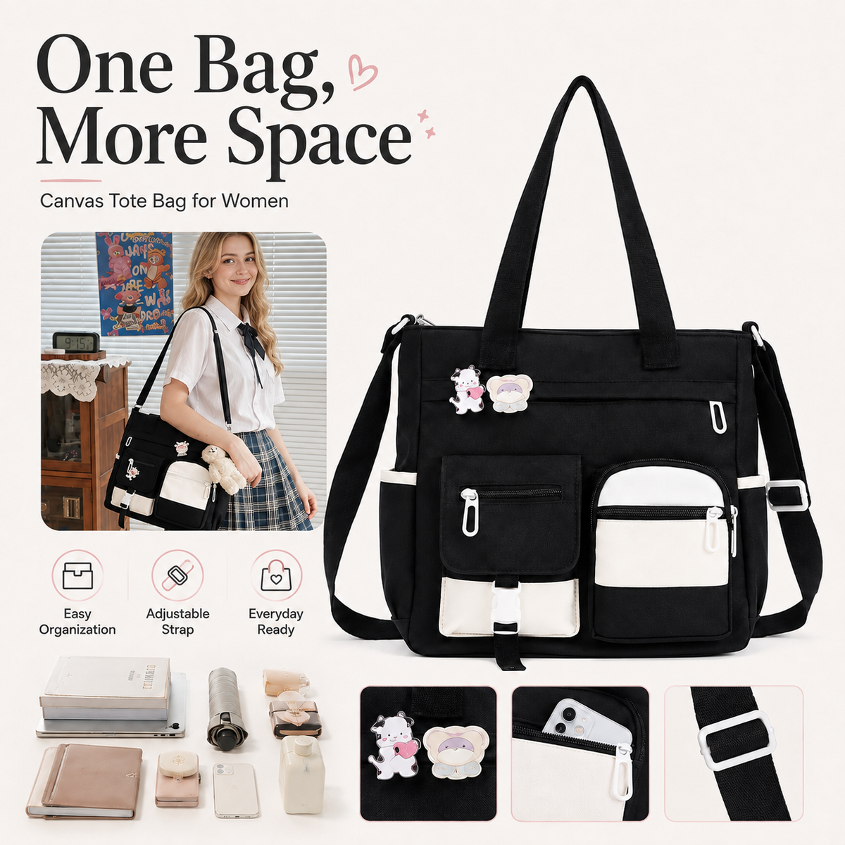 Canvas Tote Bag with Multi Pockets for Women