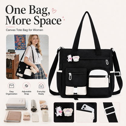 Canvas Tote Bag with Multi Pockets for Women