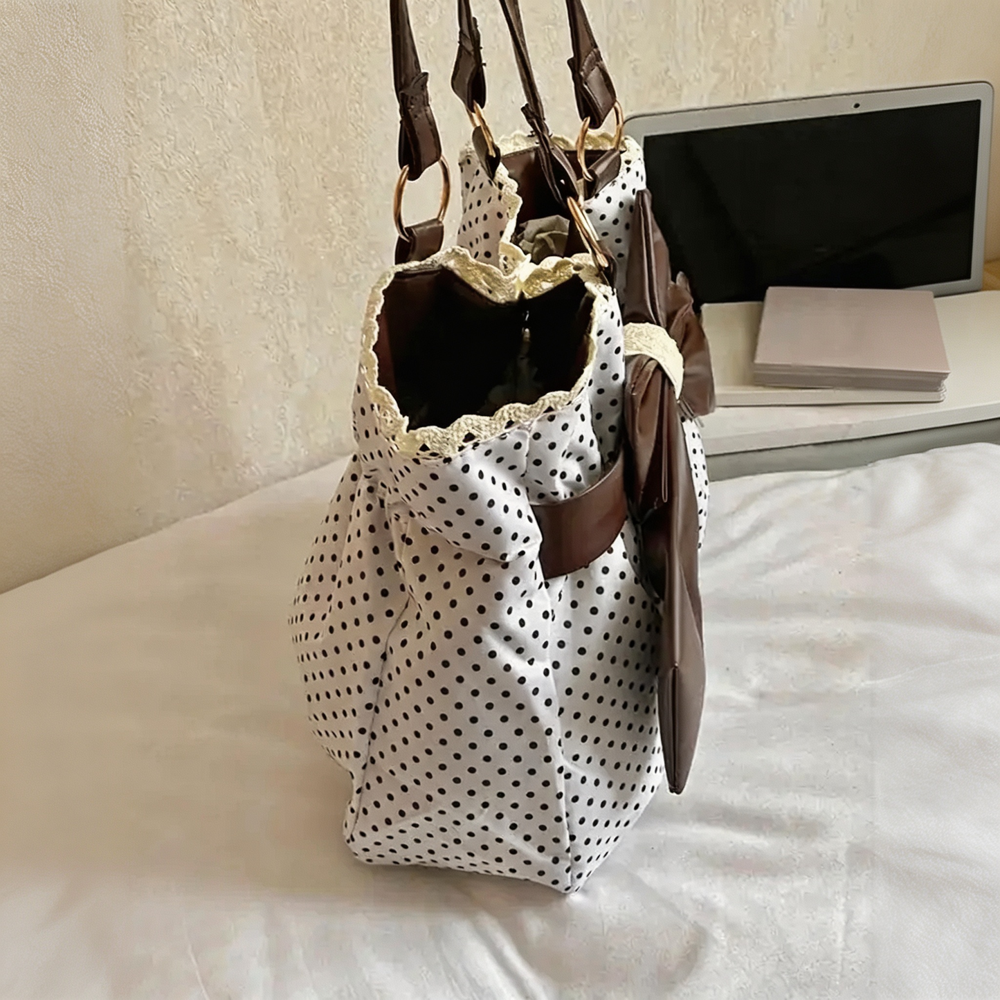 Women's Vintage Polka Dot Canvas Tote Bag with Large Bow and Lace Trim