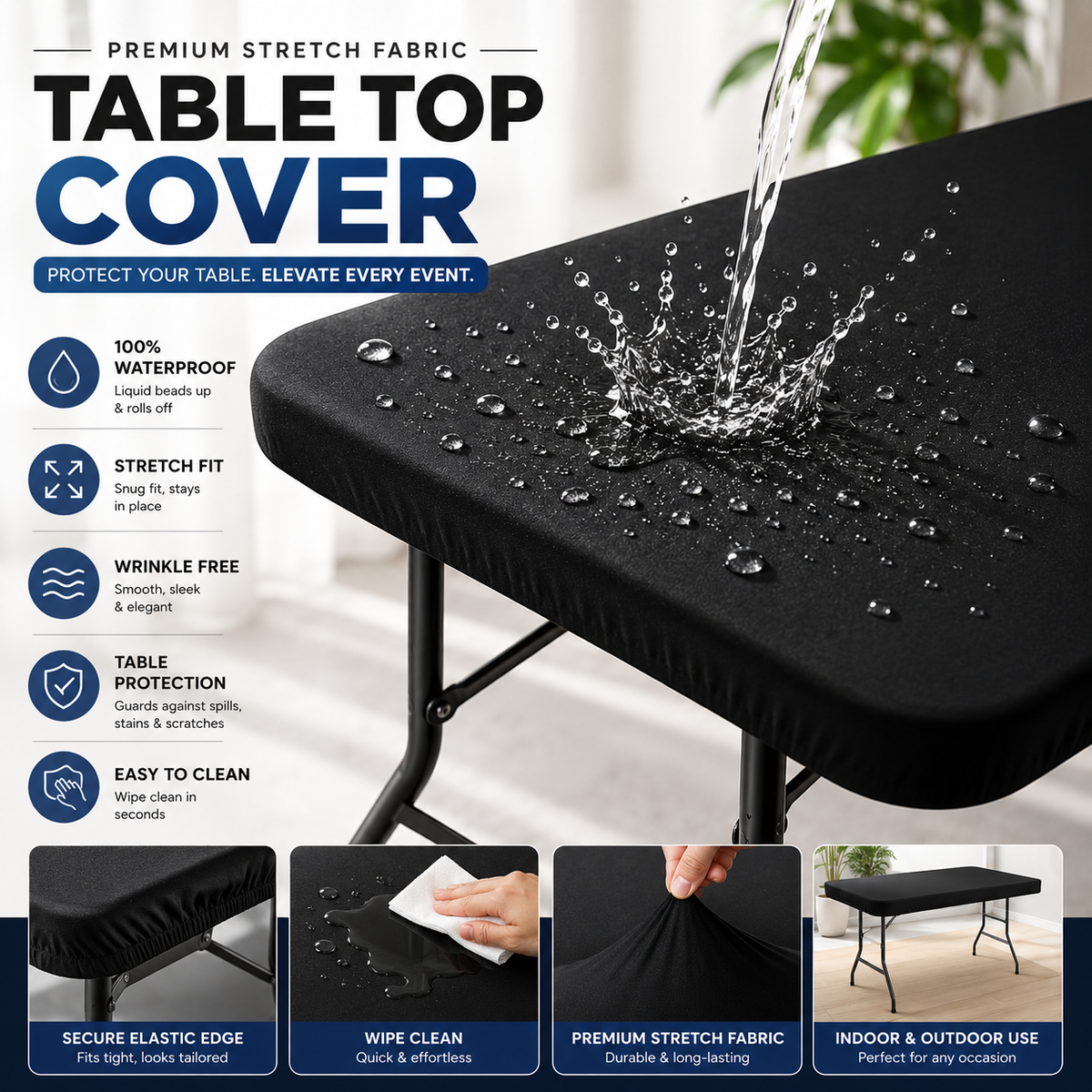 Black stretch tabletop cover protecting a rectangular folding table