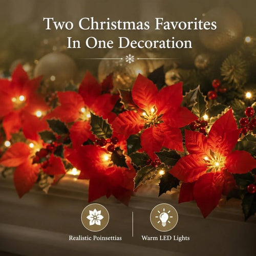 LED Poinsettia Christmas Garland Lights for Holiday Decor