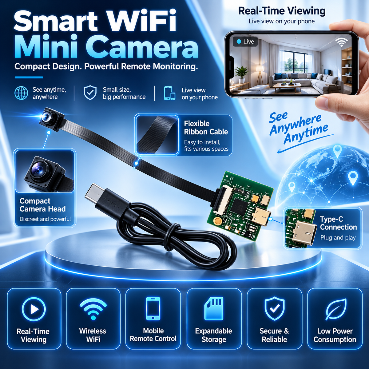Remote WiFi Mini Camera Module – Real-Time Viewing, Wireless Control & Expandable Storage