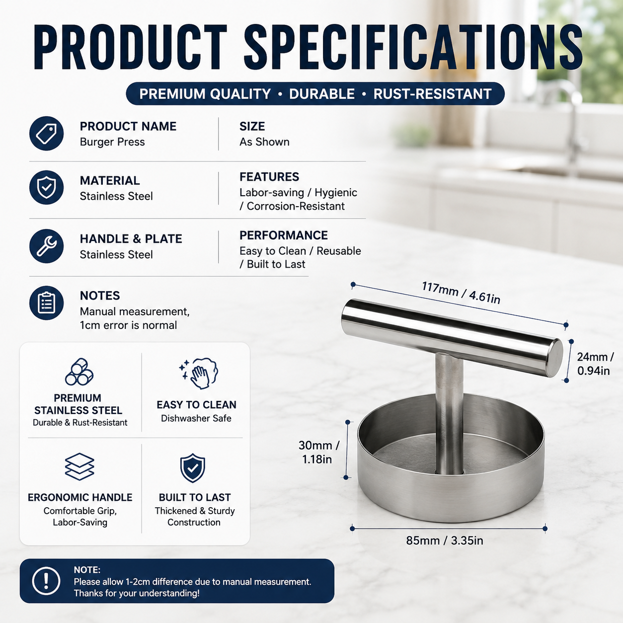 🍔 BBQ FAVORITE | Manual Burger Patty Press – Uniform Round Patties for Grilling, Meal Prep & Home Cooking