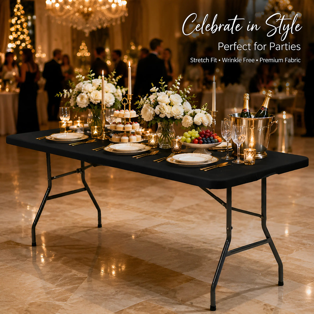 Black fitted table cover at an elegant evening event