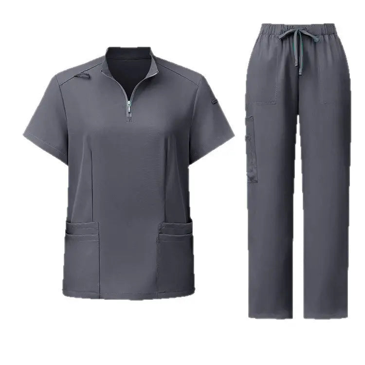 Unisex Surgical Scrubs Set with Stand Collar Zipper Top and Straight Leg Pants