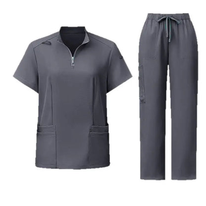 Unisex Surgical Scrubs Set with Stand Collar Zipper Top and Straight Leg Pants