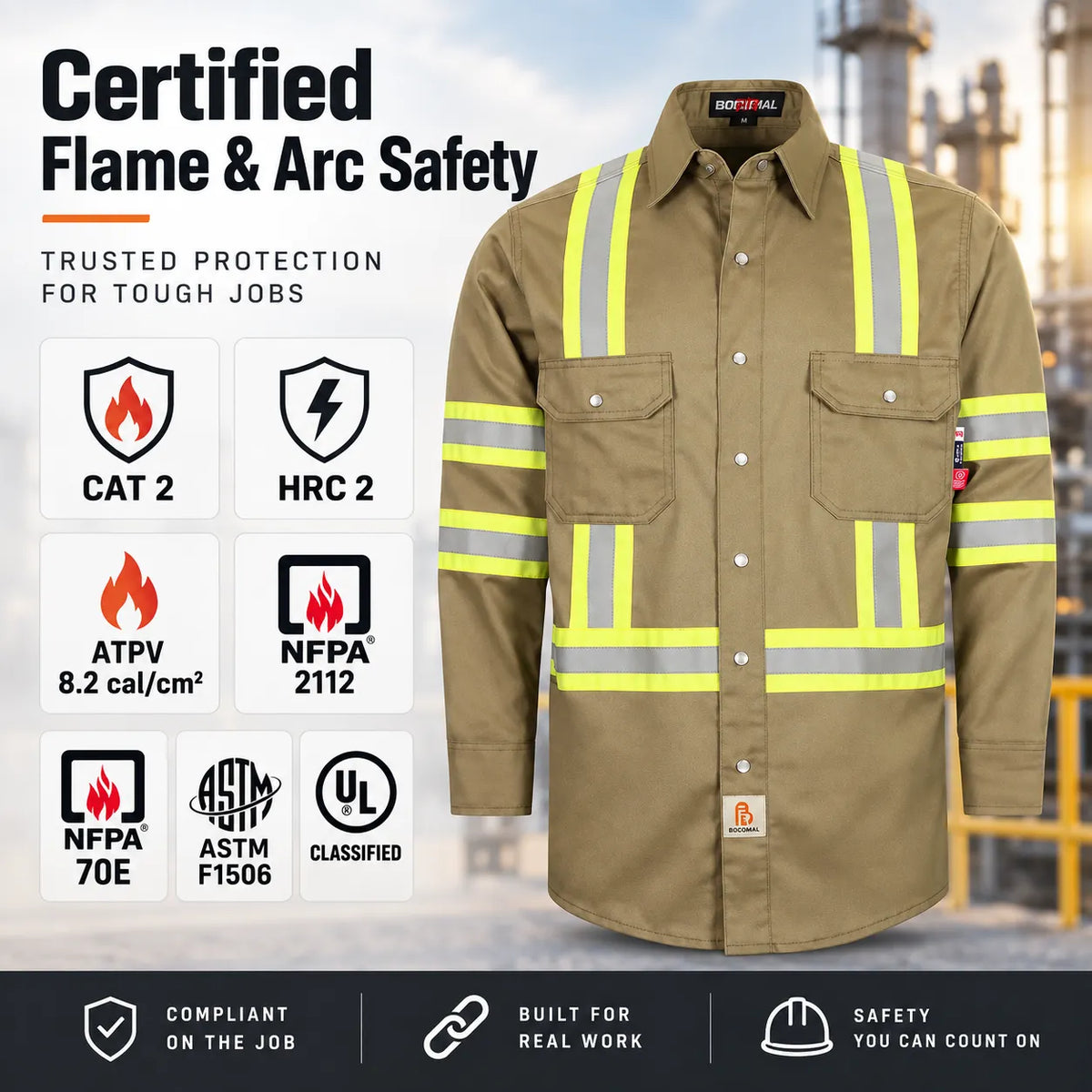 Men's FR Hi Vis Pearl Snap Safety Work Shirt, 7.5oz 100% Cotton Reflective Workwear