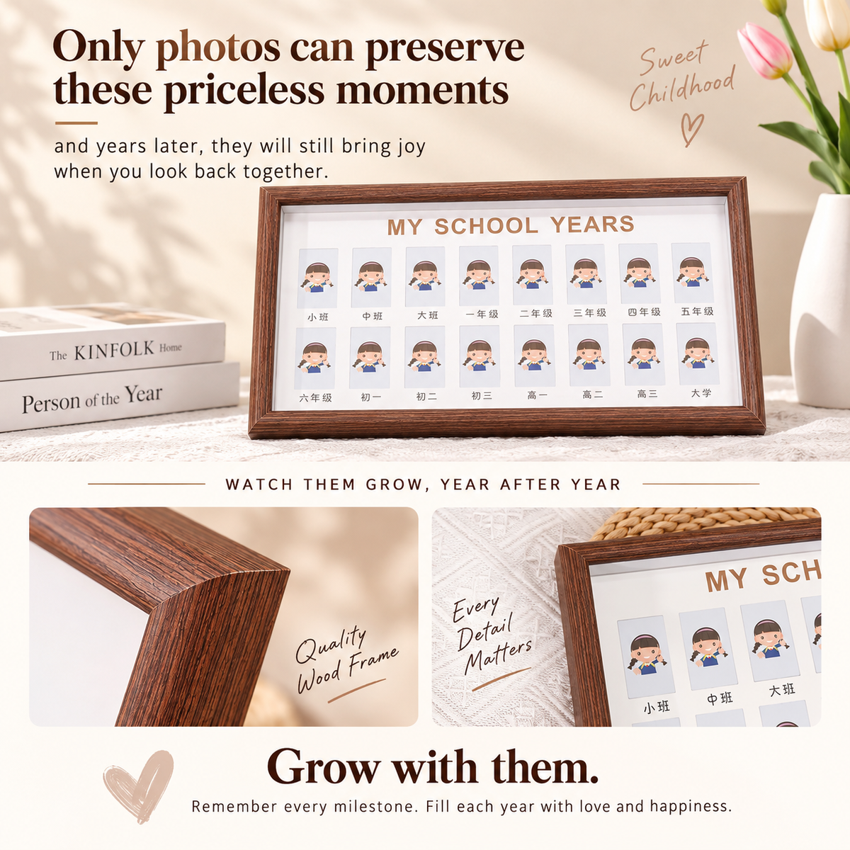 Handmade Wood School Photo Frame, School Years Picture Collage Frame