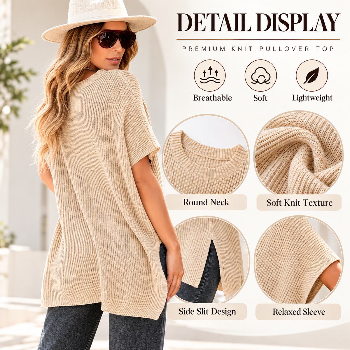 Women's Oversized Puff Sleeve Knit Pullover Round Neck Side Slit Casual