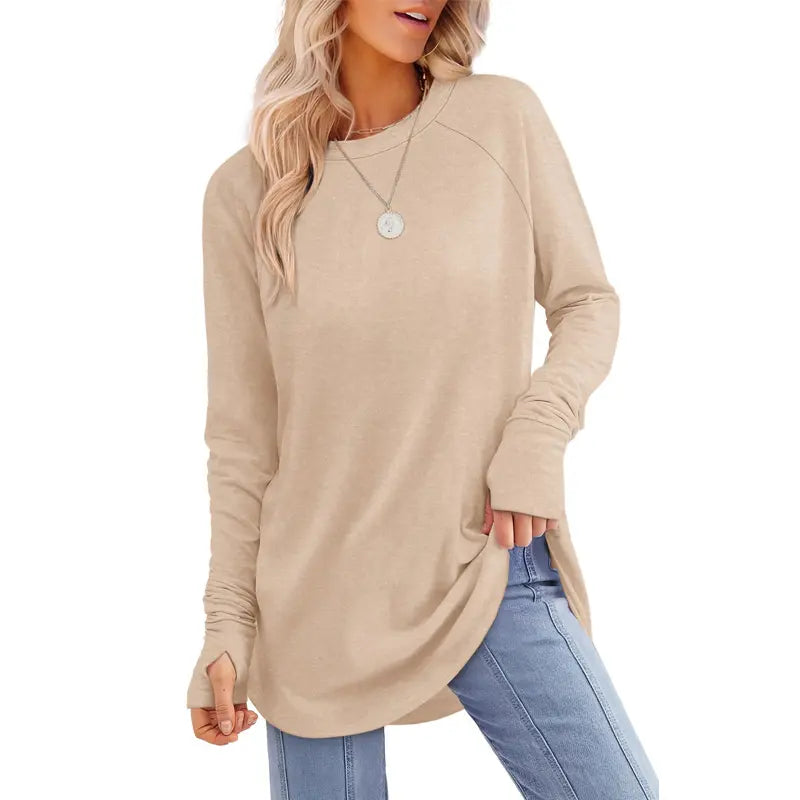 Women’s Casual Tunic Tops with Thumb Holes & Curved Hem