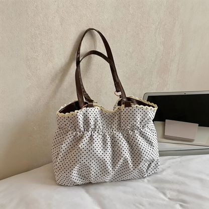 Women's Vintage Polka Dot Canvas Tote Bag with Large Bow and Lace Trim