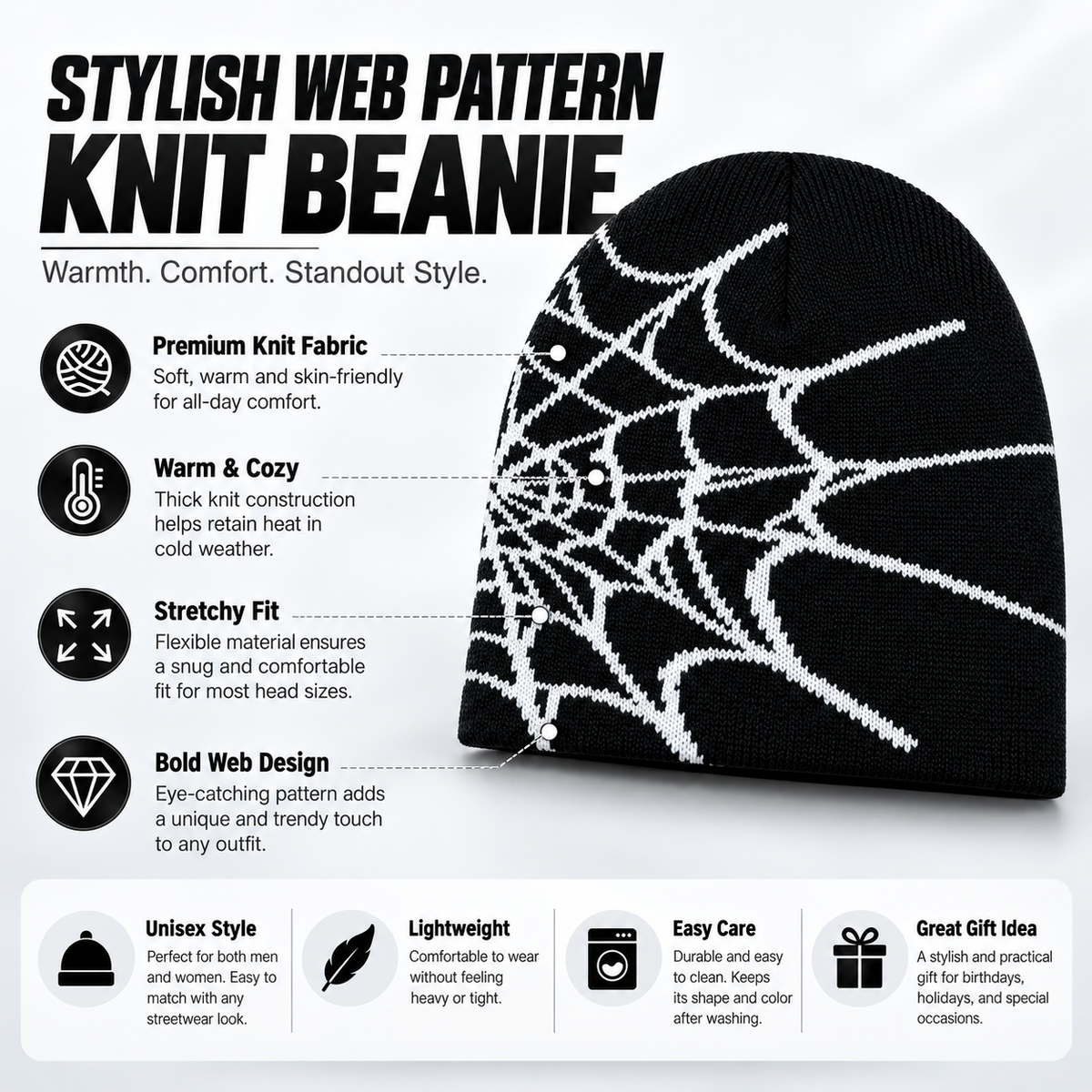 Black spider-web knit beanie showing its soft fabric and flexible fit