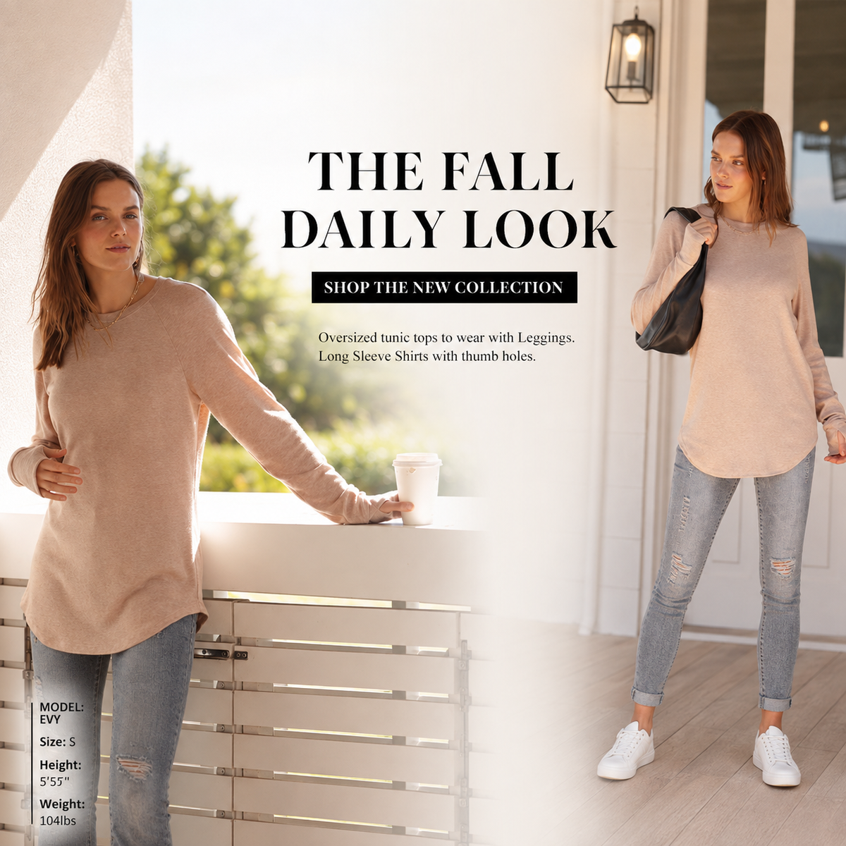Women’s Casual Tunic Tops with Thumb Holes & Curved Hem