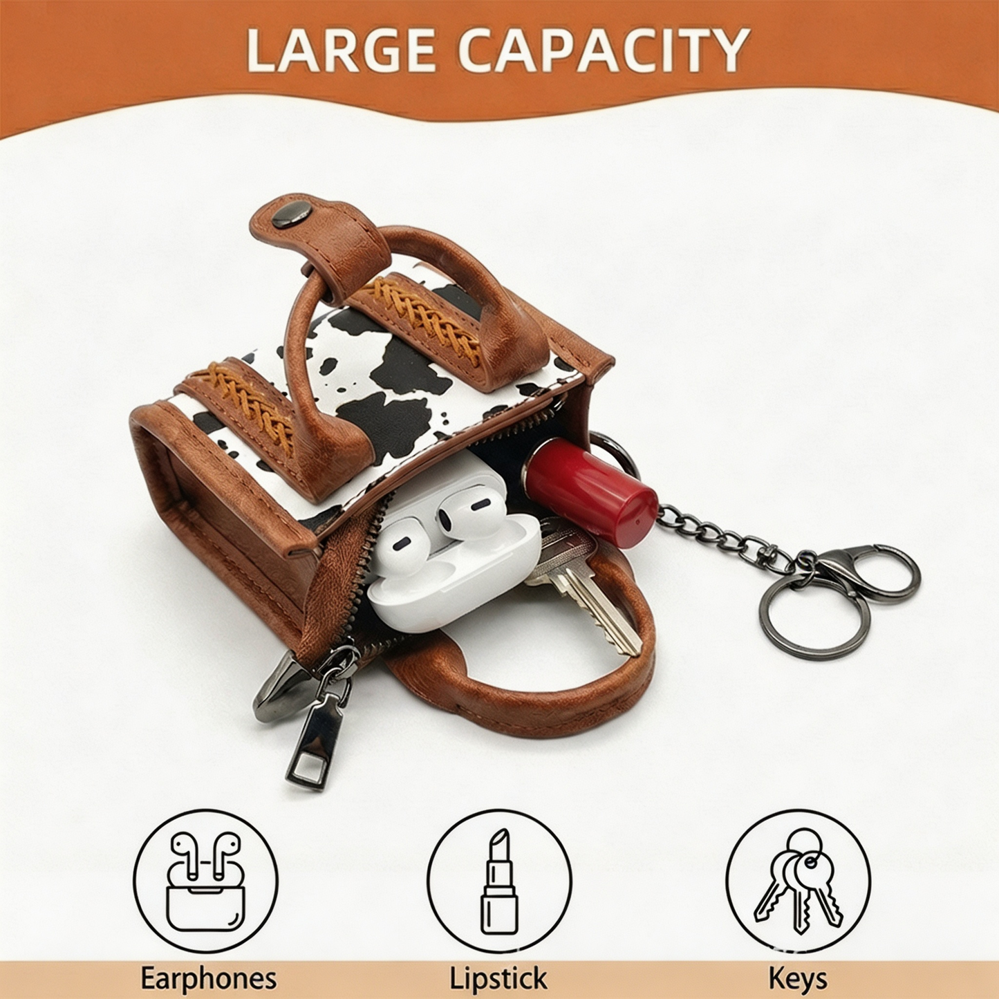 Cow Print PU Leather Earphone Case with Keychain