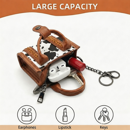 Cow Print PU Leather Earphone Case with Keychain