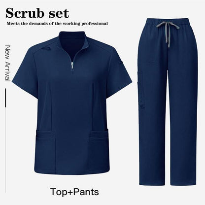 Unisex Surgical Scrubs Set with Stand Collar Zipper Top and Straight Leg Pants