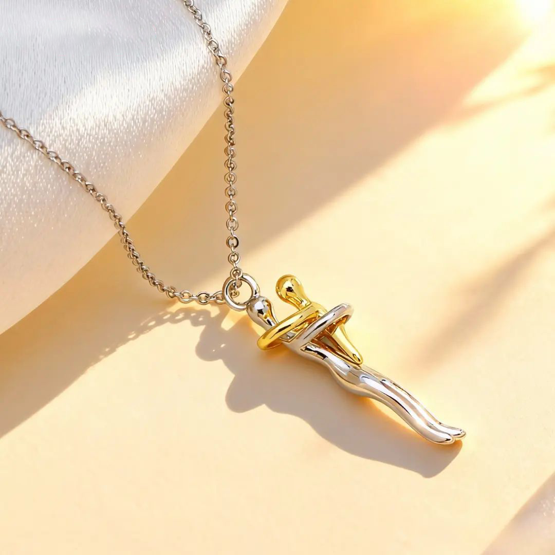 Hug Embrace Pendant Necklace for Mom & Child, Silver Gold Two-Tone Family Jewelry