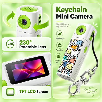 2K Digital Camera G10 TFT LCD Screen Keychain Camera Support Memory Card Very Small Camcorder Video Recorder 360° Rotatable Lens (White)