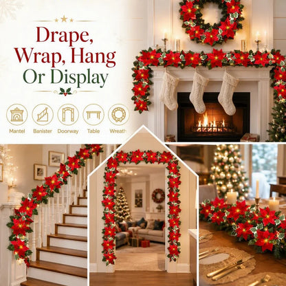 LED Poinsettia Christmas Garland Lights for Holiday Decor
