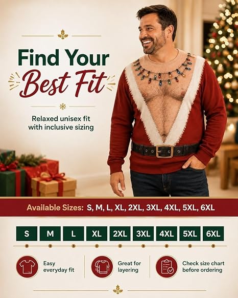 Funny Santa Ugly Christmas Sweatshirt for Men, Fake Abs Santa Shirt