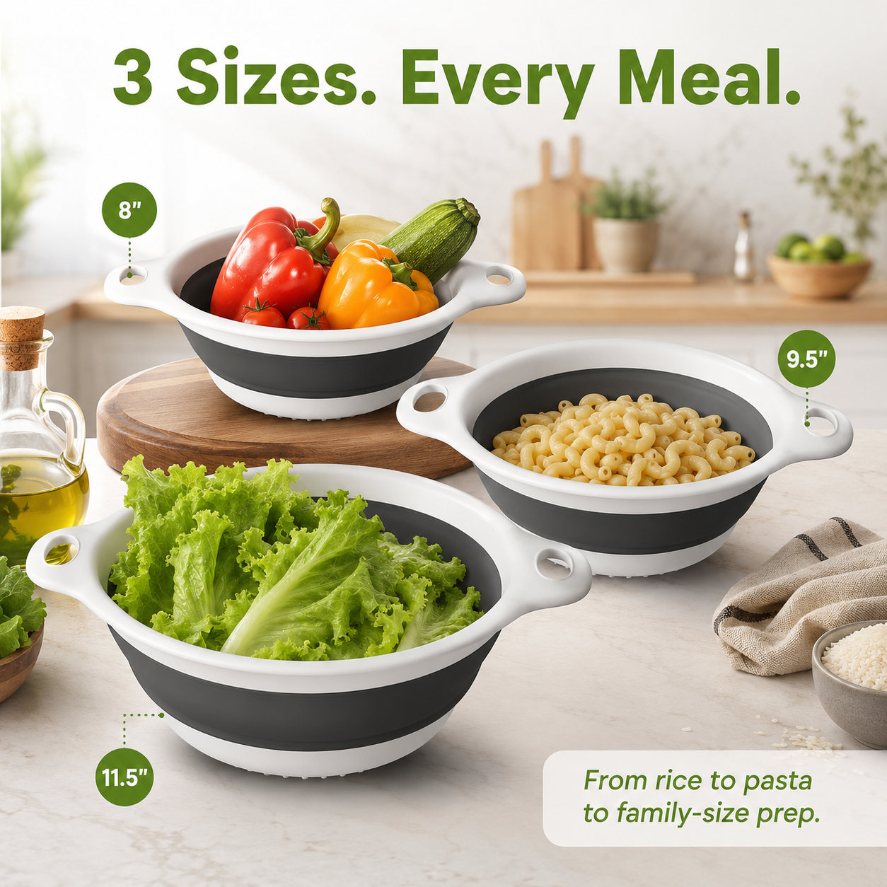 🥗 3-Piece Collapsible Colander Set – With Self-Draining Base Tray ✨