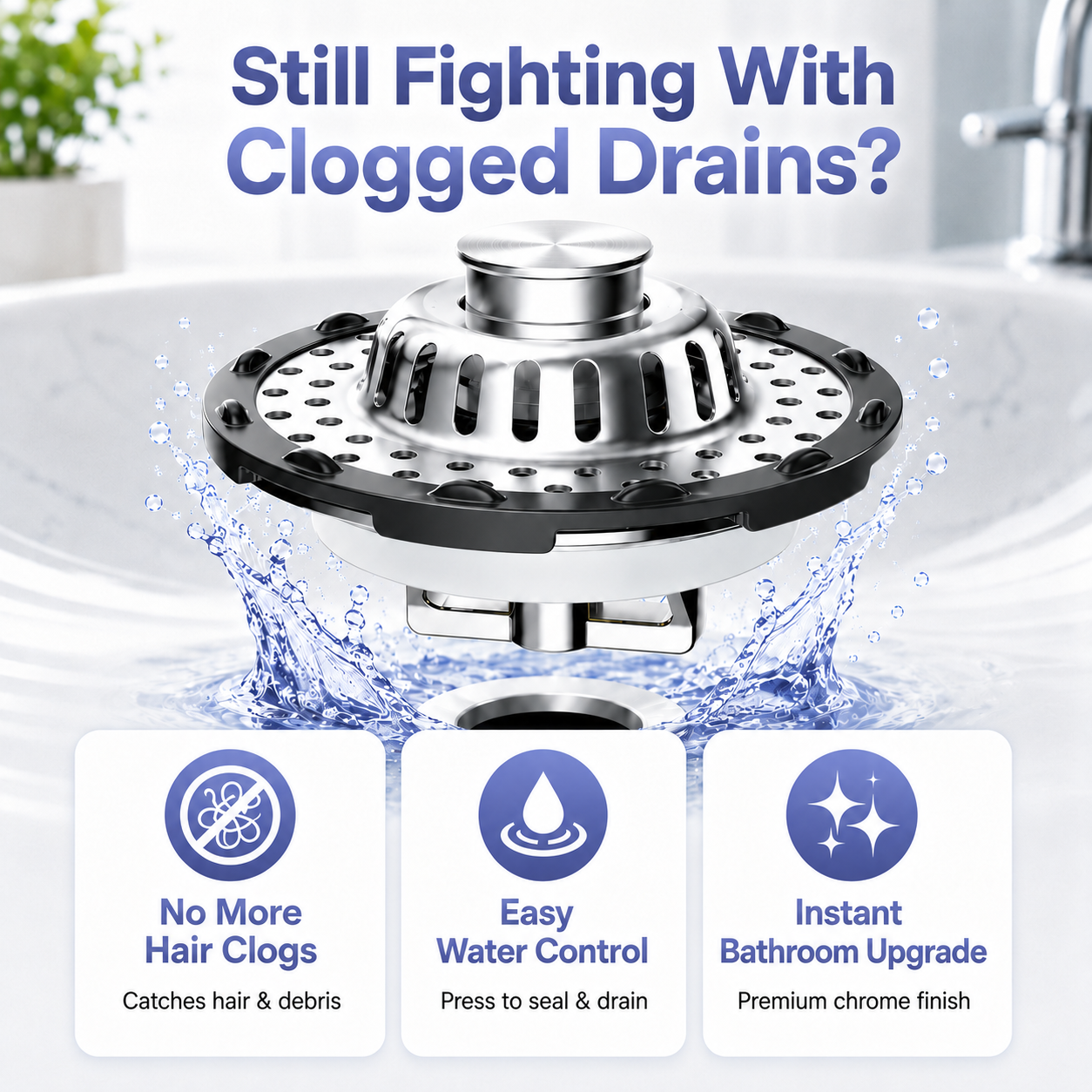 🛁🌟3-in-1 Pop-Up Sink Stopper – Hair Catcher, Drain Protector & Water Stopper | Universal Chrome Fit