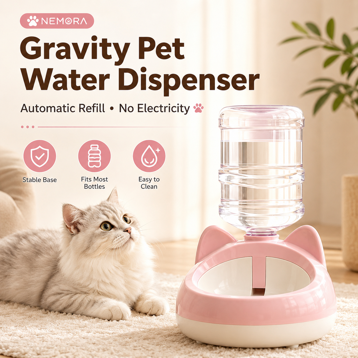 Pink cat-ear gravity pet water dispenser beside a cat