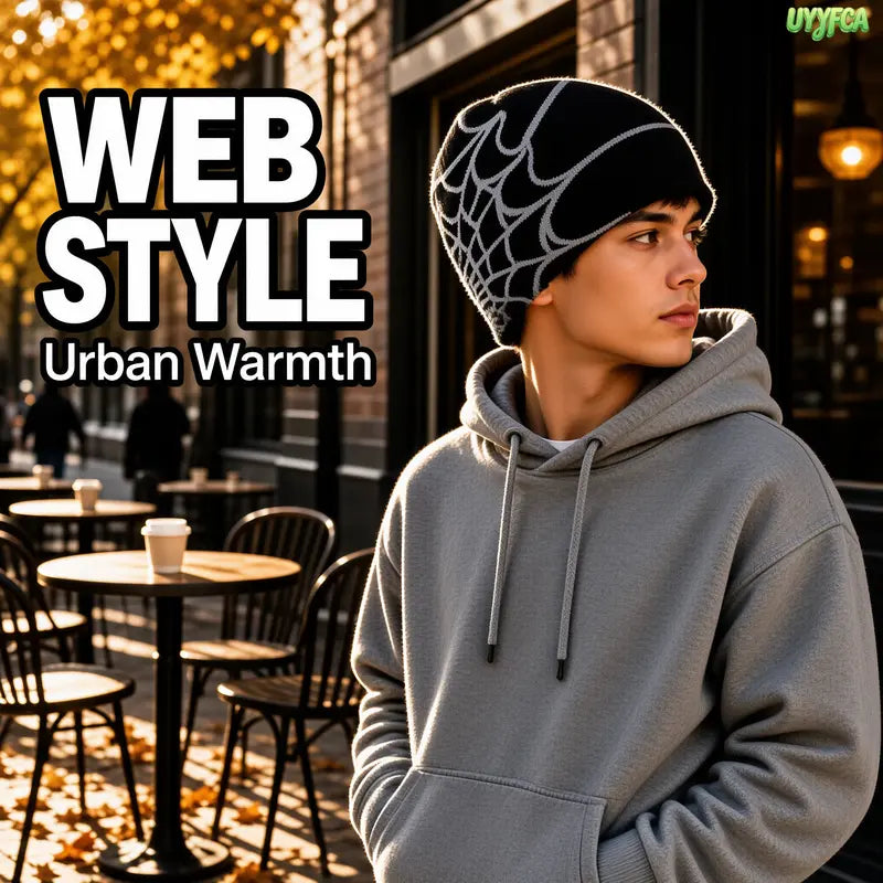 Black web beanie styled with a gray hoodie in a city setting