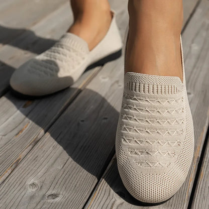 Women's Knit Round-Toe Slip-On Ballet Flats, Breathable PU