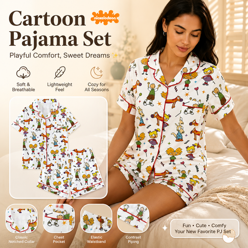 Teen Retro Cartoon Print Pajama Set -Soft Comfortable Short Sleeve Sleepwear