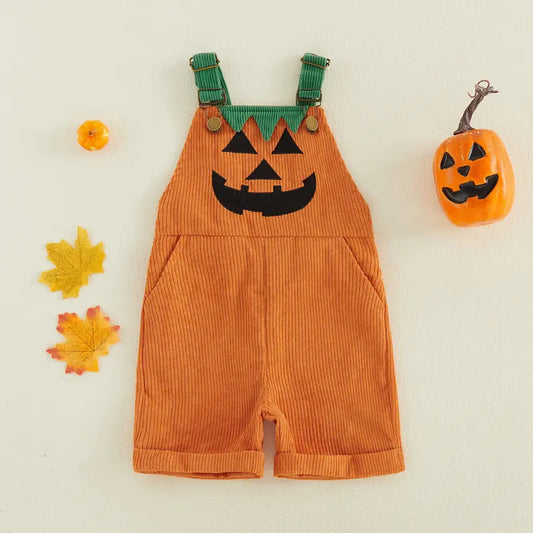 Toddler Baby Boy Halloween Overalls with Pockets Ribbed Devil Face Pattern Sleeveless Jumpsuit