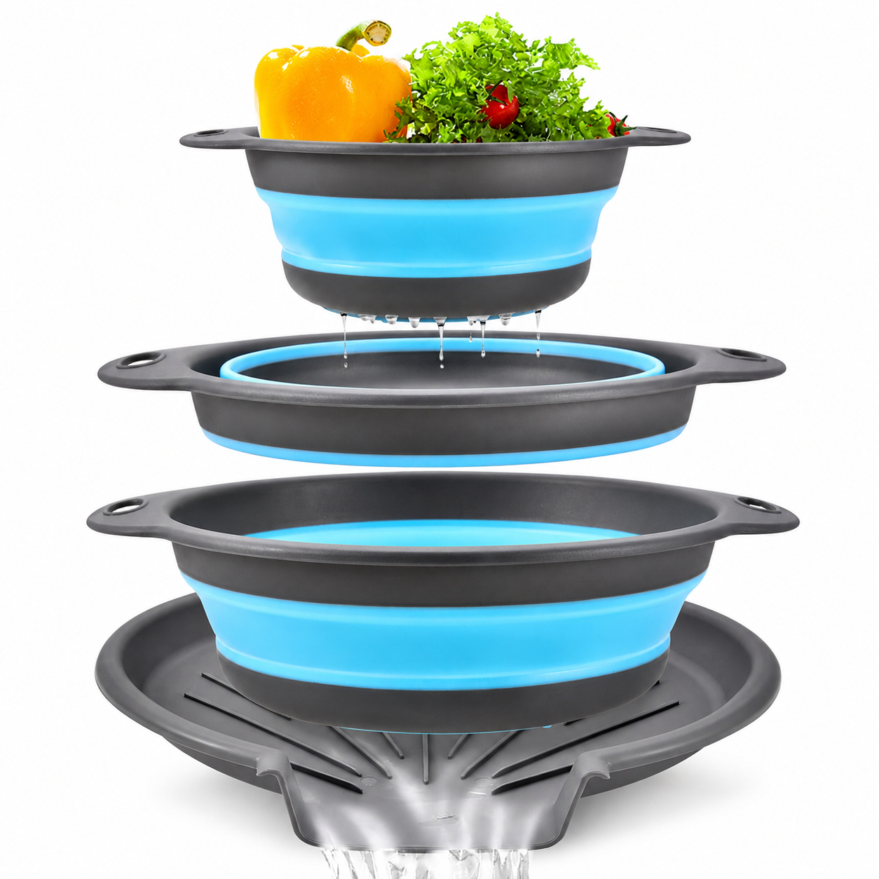 🥗 3-Piece Collapsible Colander Set – With Self-Draining Base Tray ✨