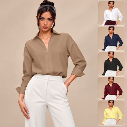 Women's Collared Deep V-Neck Shirt Bodysuit, Long Sleeve Turn-Down Collar Wrap Front Bodysuit Top