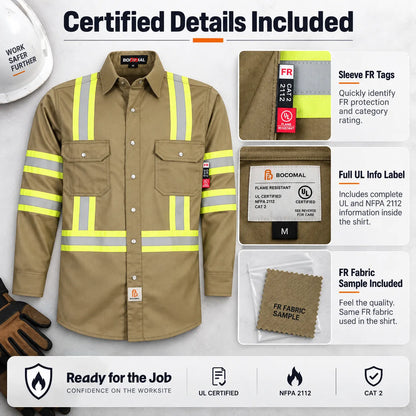 Men's FR Hi Vis Pearl Snap Safety Work Shirt, 7.5oz 100% Cotton Reflective Workwear