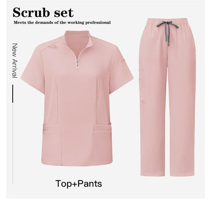 Unisex Surgical Scrubs Set with Stand Collar Zipper Top and Straight Leg Pants