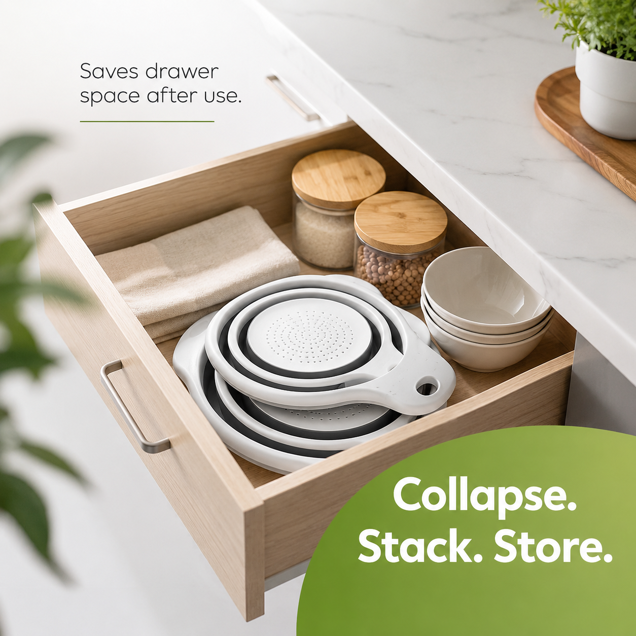 🥗 3-Piece Collapsible Colander Set – With Self-Draining Base Tray ✨