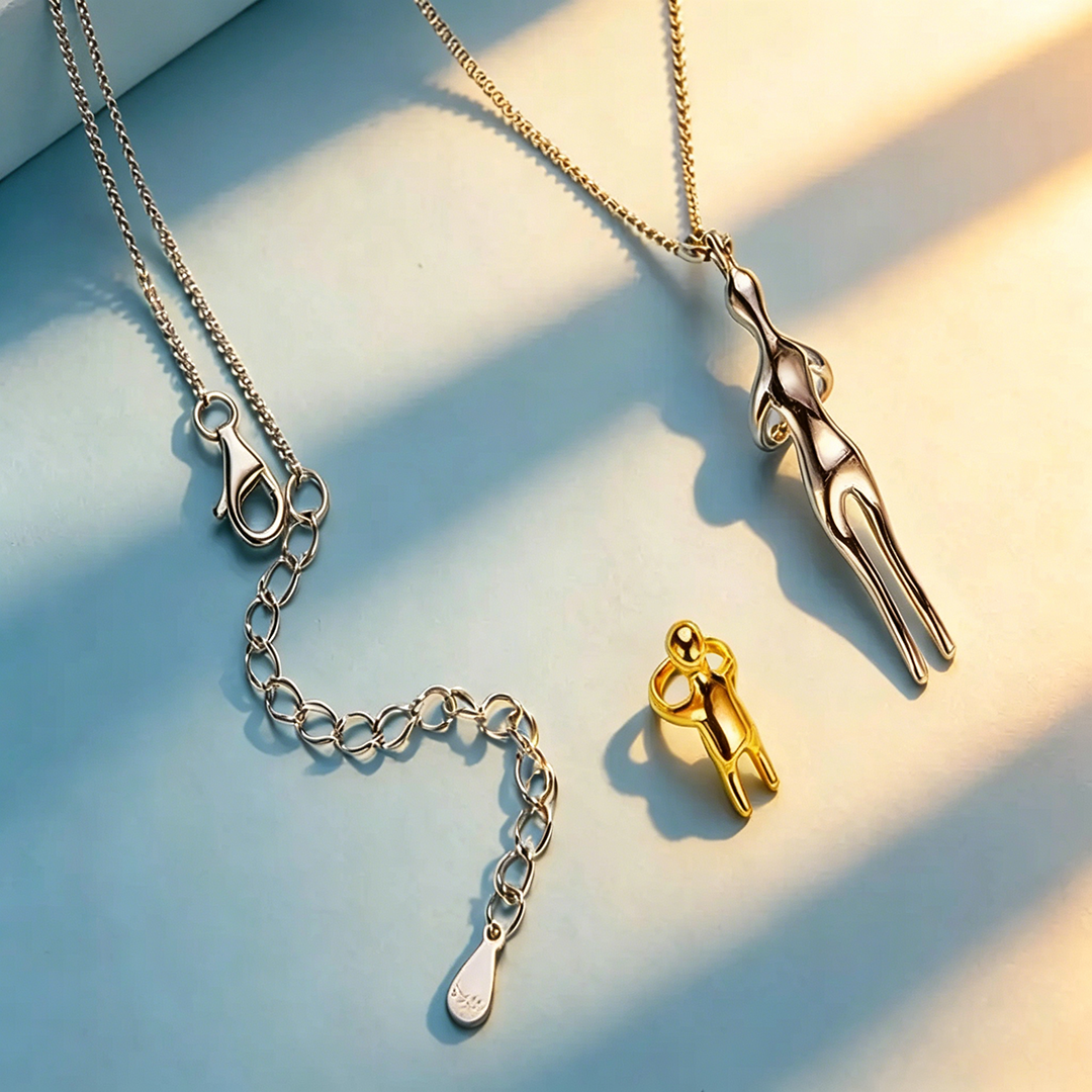 Hug Embrace Pendant Necklace for Mom & Child, Silver Gold Two-Tone Family Jewelry