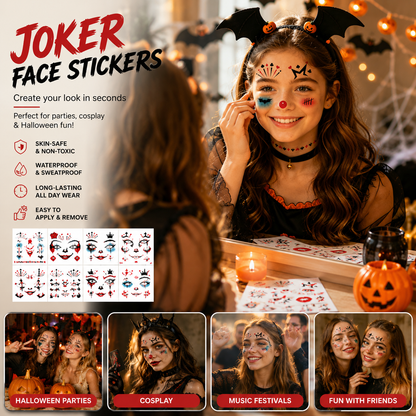 Qpout 8 Sheets Clown Face Temporary Tattoos, Halloween Makeup Joker Fake Tattoo Stickers for Women Men Adults Carnival Costume Cosplay Party Accessories