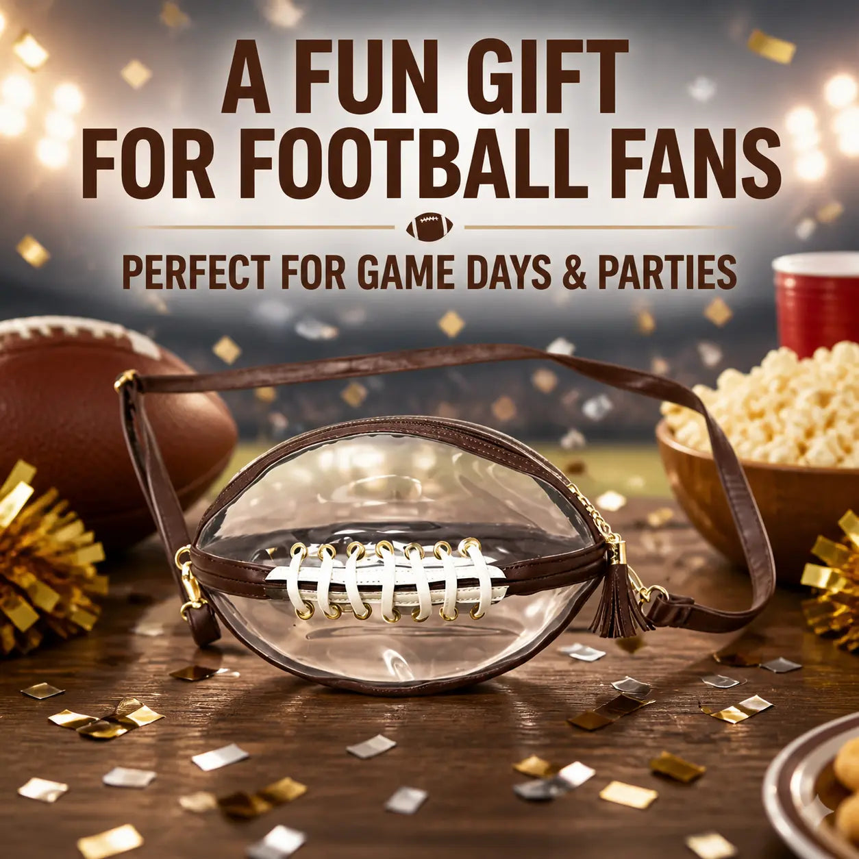 Clear Football Shaped Crossbody Bag, Transparent PVC Stadium Bag with Adjustable Strap, Game Day Crossbody Purse for Sports Events, Concerts, Outdoor Activities & Summer Travel.