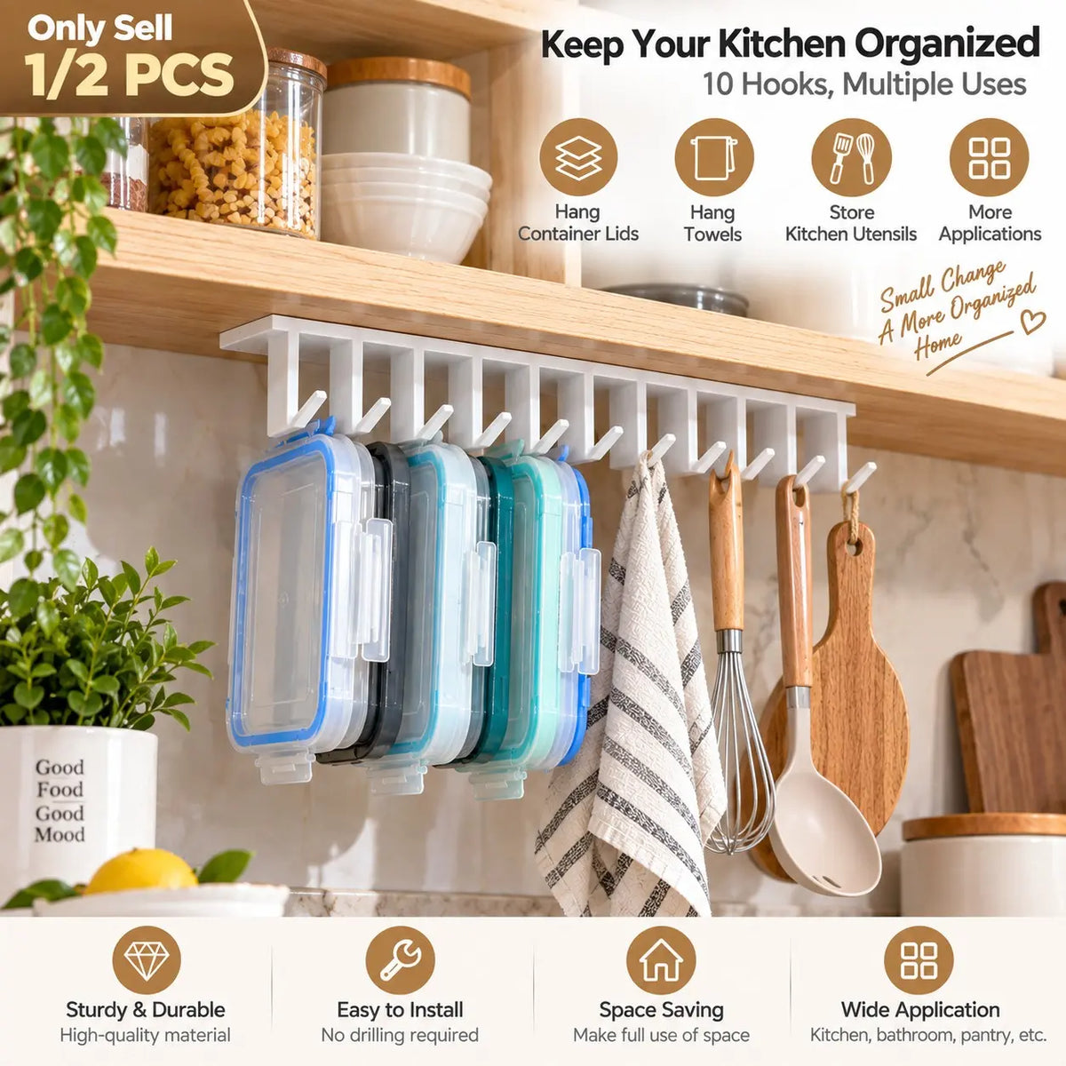 10-Slot Lid Organizer Hanging Rack, White - Kitchen